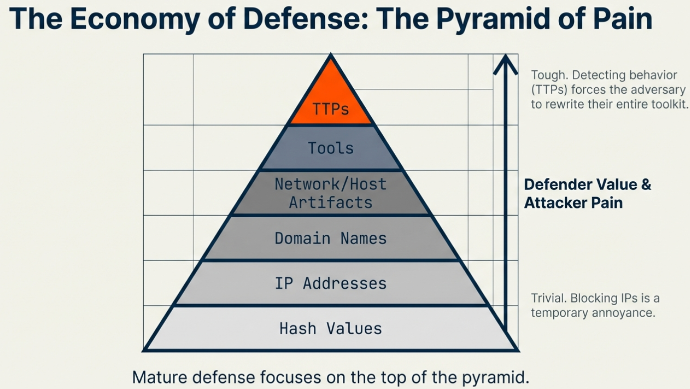 The Pyramid of Pain - showing that blocking TTPs at the top causes maximum pain to attackers, while blocking hash values at the bottom is trivially easy for attackers to bypass