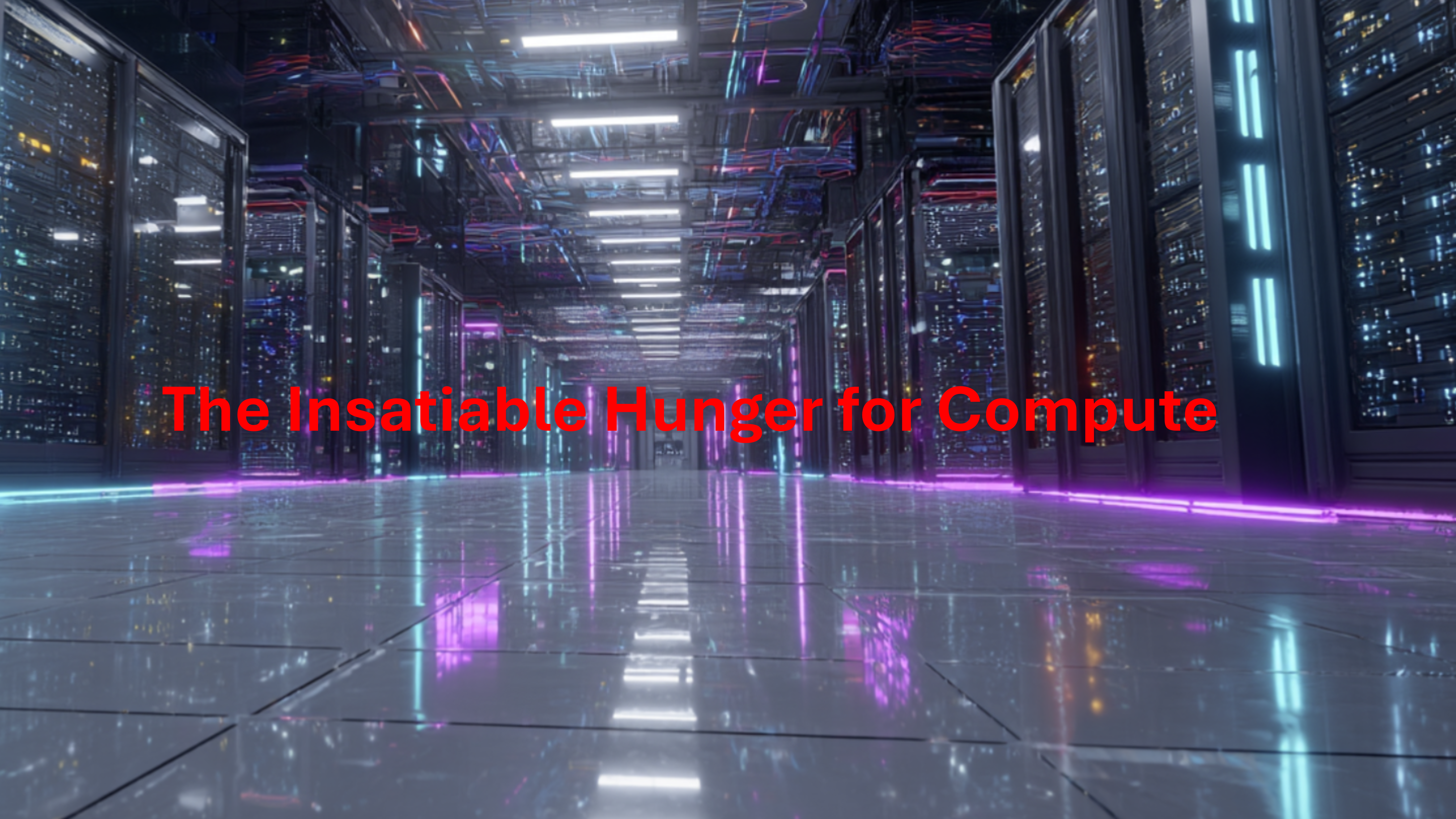 A modern data center corridor illuminated with colorful lights, featuring rows of high-performance computing servers, displaying the text 'The Insatiable Hunger for Compute' in bold red lettering.