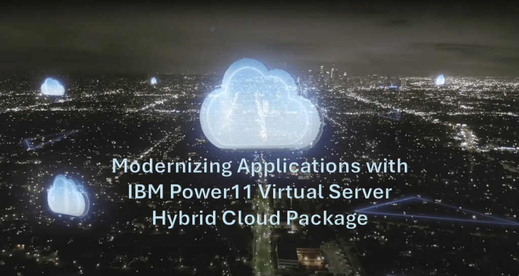 A nighttime cityscape featuring digital cloud graphics overlayed with text about modernizing applications with IBM Power11 Virtual Server Hybrid Cloud Package.
