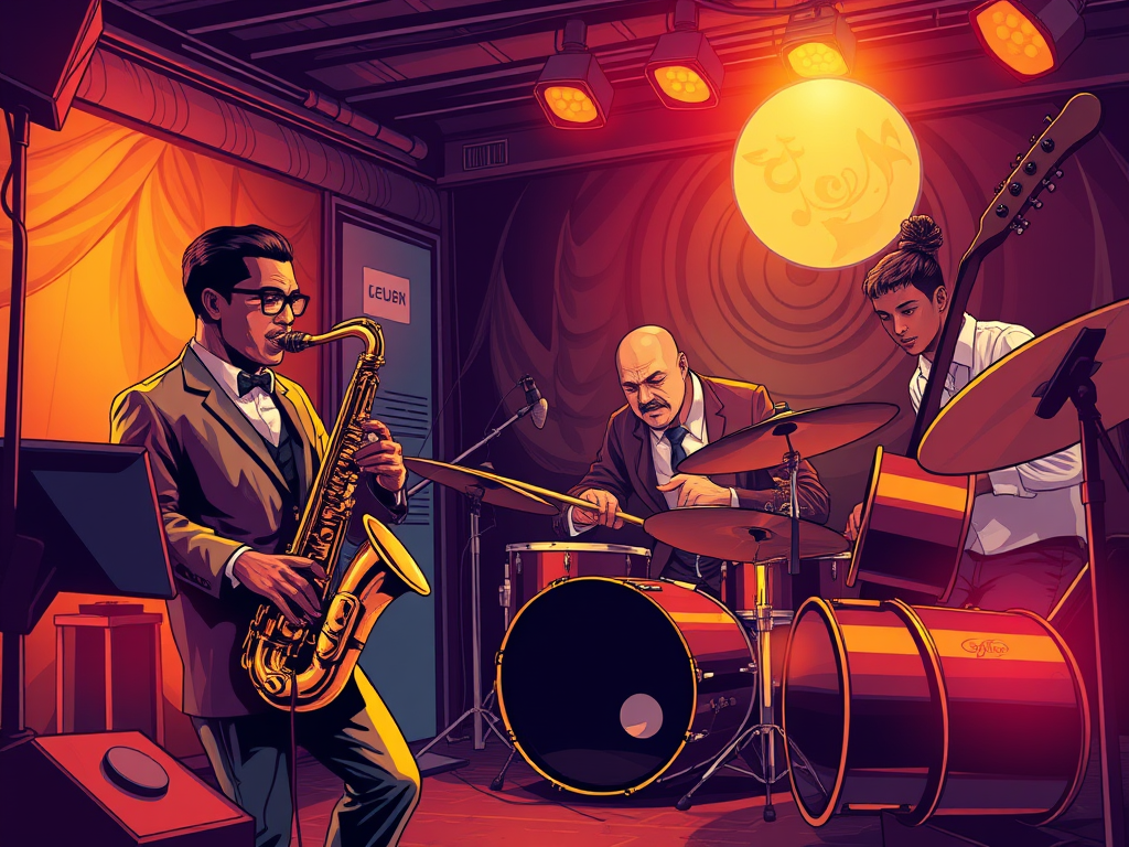 An animated scene of a jazz band performing on stage, featuring three musicians: a saxophonist in a suit, a drummer focused on playing, and a guitarist engaging with the music. The background includes warm colors and stage lighting, enhancing the lively atmosphere.