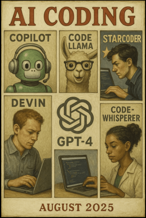 An illustrated poster titled 'AI CODING' featuring six characters. The top row displays a robot labeled 'Copilot', a cartoon llama labeled 'Code Llama', and a focused programmer labeled 'Starcoder'. The bottom row includes a character named 'Devin', a symbol representing 'GPT-4', and a female programmer labeled 'Code-Whisperer'. The poster is dated 'AUGUST 2025'.